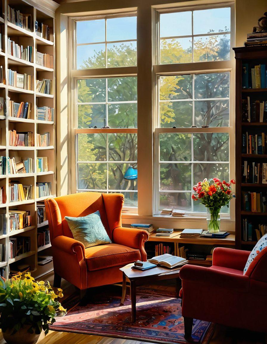 A cozy reading nook filled with colorful bookshelves, a comfy armchair surrounded by soft lighting. In the background, a diverse group of people engaging in various library events, such as book clubs and story time. A window with sunlight streaming in, flowers on the sill, and an inviting atmosphere that exudes warmth and excitement for reading. painting. vibrant colors. warm ambiance.