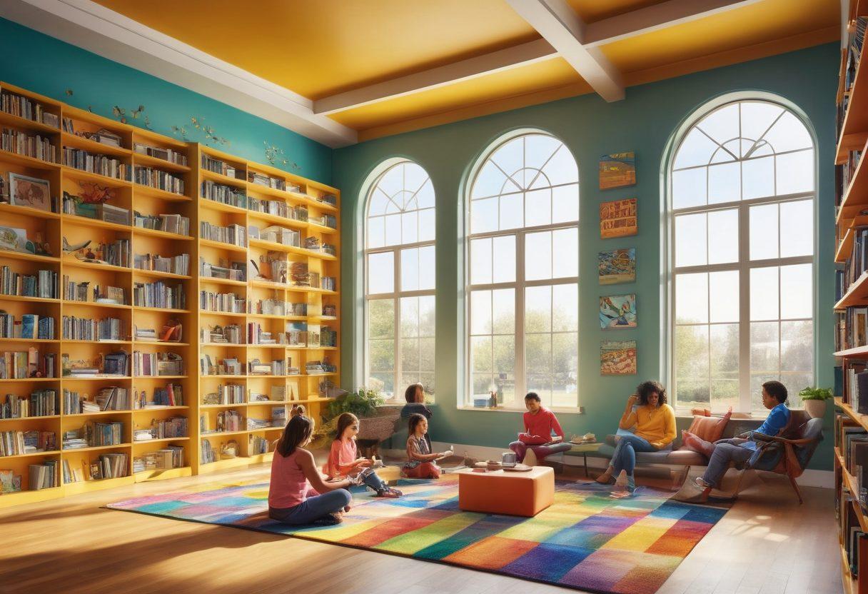 A vibrant library scene showcasing diverse groups of people engaging in creative activities like reading, crafting, and using technology, with colorful bookshelves in the backdrop. Include elements like a mural of interconnected hands symbolizing community and creativity, sunlight streaming through large windows, and kids enjoying storytime. Style: super-realistic, vibrant colors, inviting atmosphere.