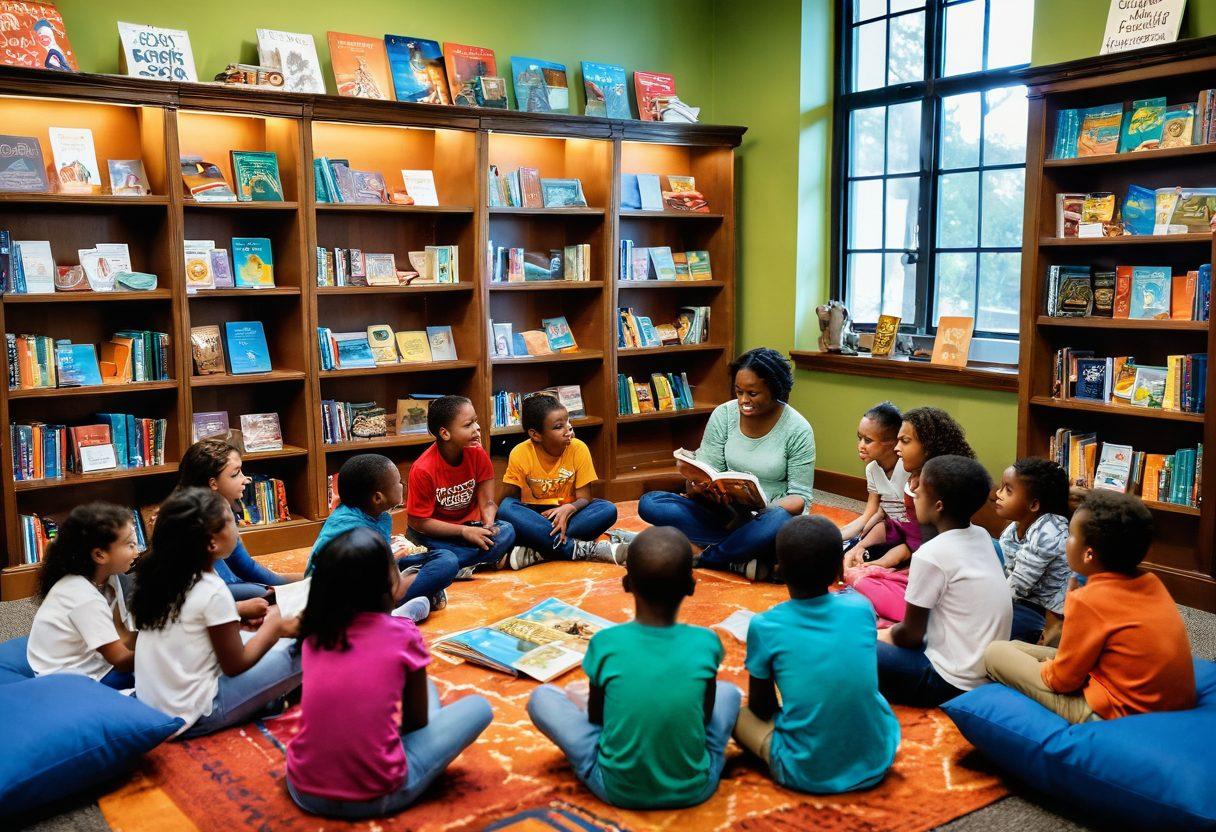 A cozy and inviting library scene showcasing a storytelling session with children gathered around, while a diverse group of adults engage in a lively book club discussion nearby. Include shelves filled with colorful books, warm lighting, and artful decorations like posters and book-themed artwork. Capture a sense of community and the joy of reading. super-realistic. vibrant colors.